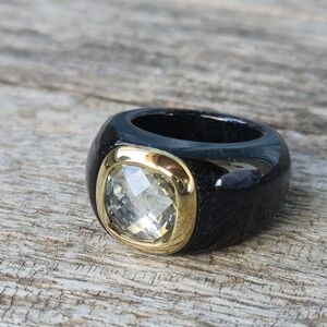 14k Yellow Gold Carved Black Onyx White Topaz Designer Signed Ring Sz 5.5 NWOT ✨